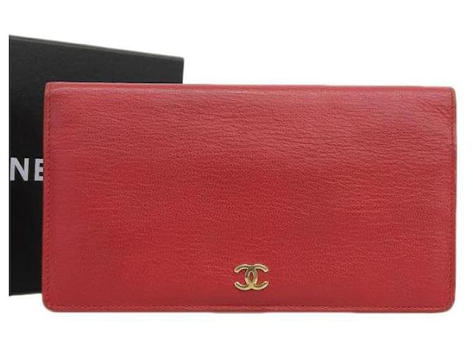 Chanel Leather Bifold Wallet 6 Red Pony-style calfskin  ref.1065532