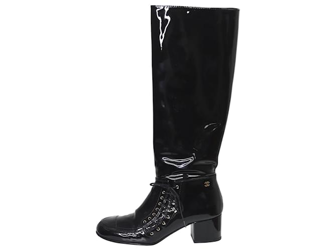 Chanel Botas altas hasta la rodilla de charol negro - talla UE 38 Cuero  ref.1065651