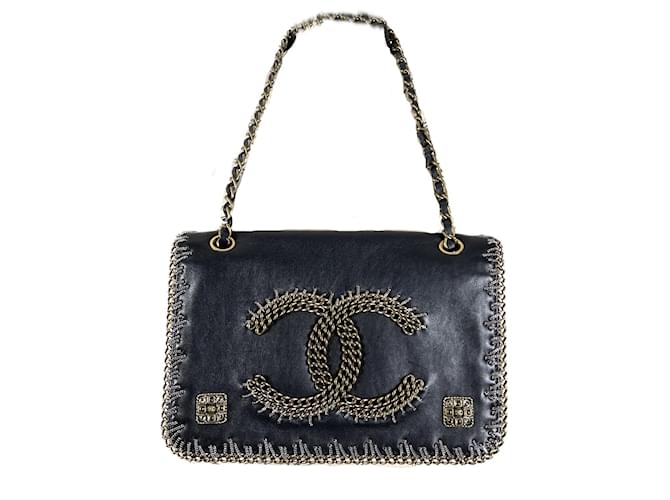 Chanel Super seltenes Paris / Byzance Chain Trim Flap Bag Schwarz Leder  ref.1065872