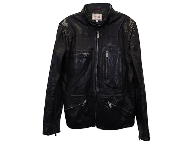 Kenzo Moto-Jacke mit Reißverschluss vorne aus schwarzem Kalbsleder Kalbähnliches Kalb  ref.1065964