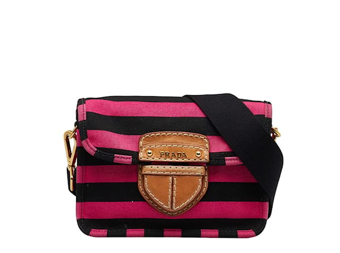 Prada Canapa Righe Crossbody Bag Canvas Crossbody Bag BT0785 in Good condition Pink Cloth  ref.1066042