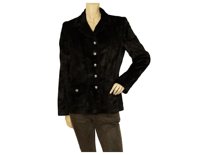 Moschino Jeans Black Velour Logo Snap Button Blazer Jacket size 44 Cotton  ref.1066150