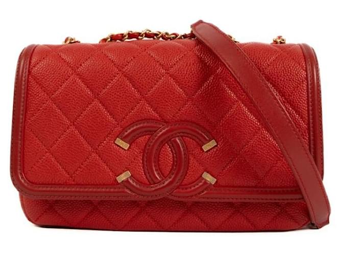 Chanel Small Red Caviar Filigree Flap Bag with gold hardware Leather  ref.1066614 - Joli Closet