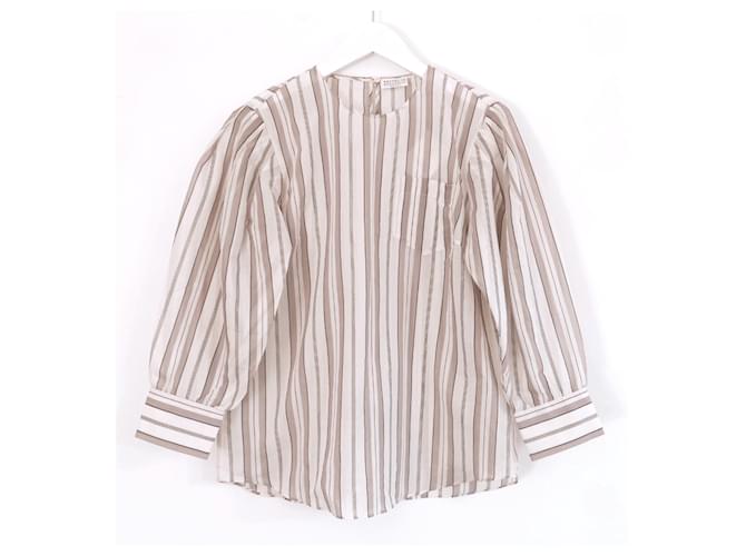 Brunello Cucinelli striped puffed sleeve blouse Beige Silk Cotton  ref.1066621