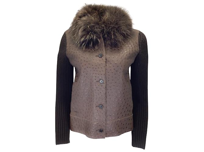 Prada Brown Raccoon Fur Collar Ostrich Skin Leather and Cashmere Knit Jacket Exotic leather  ref.1066657