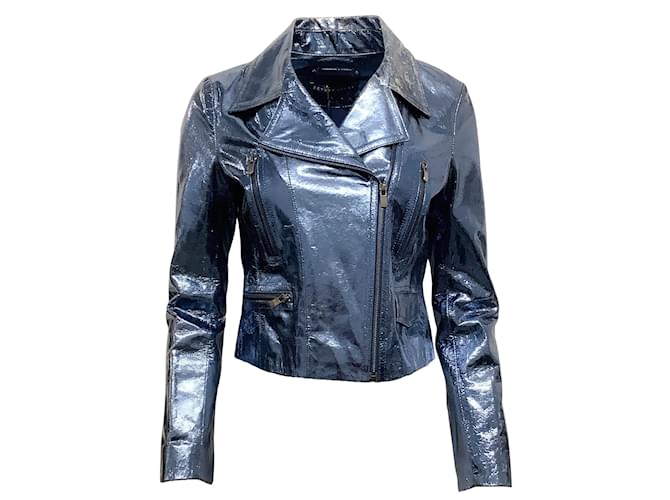 Autre Marque Zeynep Arcay Bleu / Veste de moto en cuir froissé argenté  ref.1066659