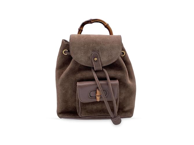 Gucci Bolsa de ombro pequena mochila vintage de camurça marrom e bambu Couro  ref.1066700