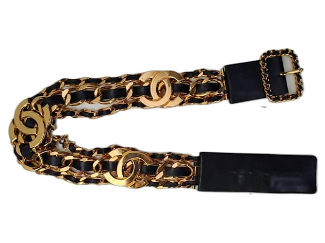 Chanel Vintage Belt Black Golden Leather  ref.1067384