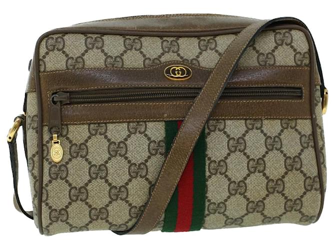 GUCCI GG Canvas Web Sherry Line Shoulder Bag PVC Leather Beige Green Auth ki3425 Red  ref.1067425