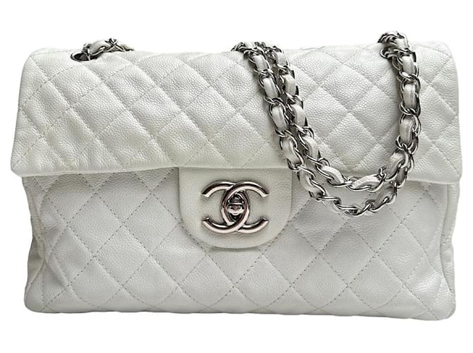 Chanel White Quilted Soft Caviar Leather Maxi Classic Single Flap Bag with  Silver HW