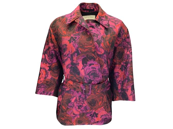 Dries van Noten Fuchsia / Red Multi Belted Jacquard Jacket Multiple colors Polyester  ref.1067871