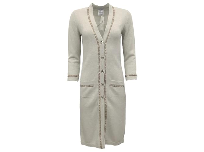 Chanel Heather Grey Long Cashmere Cardigan with Pearl and Strass Details  ref.1067877