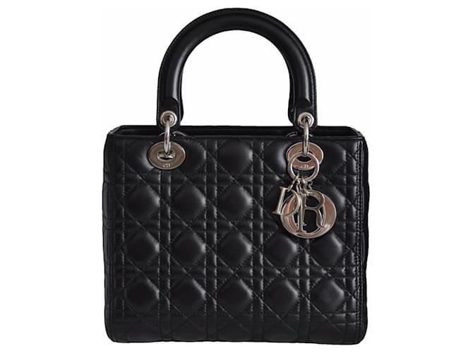 Sac Christian Dior Lady Dior Medium Cuir Noir Bijouterie argentée  ref.1068876