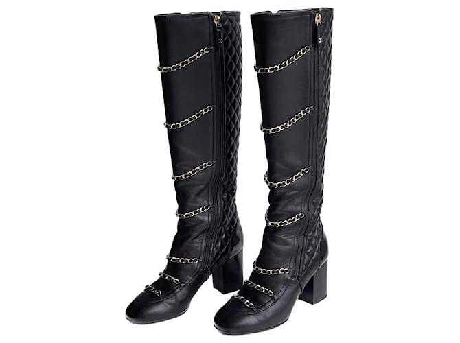 Chanel Quilted boots with chains and CC zips Black Leather ref