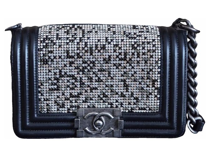 Sac Chanel Boy Swarovski Crystals mini Noir Multicolore Bijouterie argentée