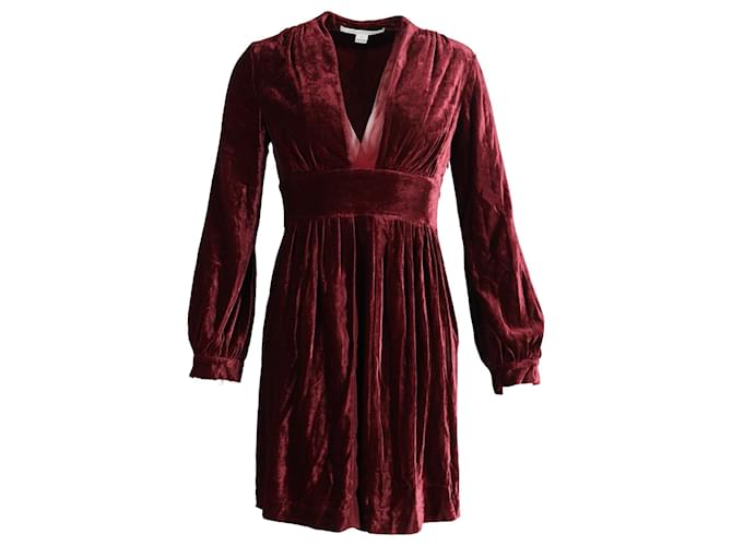 Diane Von Furstenberg Plunge Neck Mini Dress in Burgundy Velvet Dark red  ref.1069666