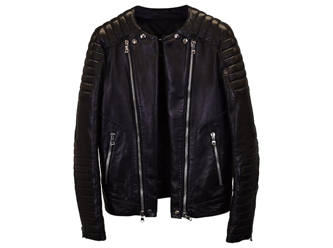 Balmain Biker Collarless Jacket In Black Lambskin Leather   ref.1069682