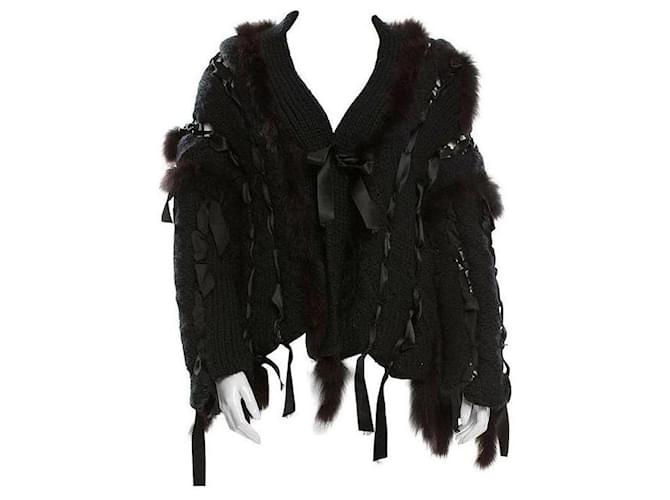 TOM FORD per GUCCI Cardigan maglione in lana nera con/Nastri e pelliccia di volpe taglia XS Nero  ref.1070064