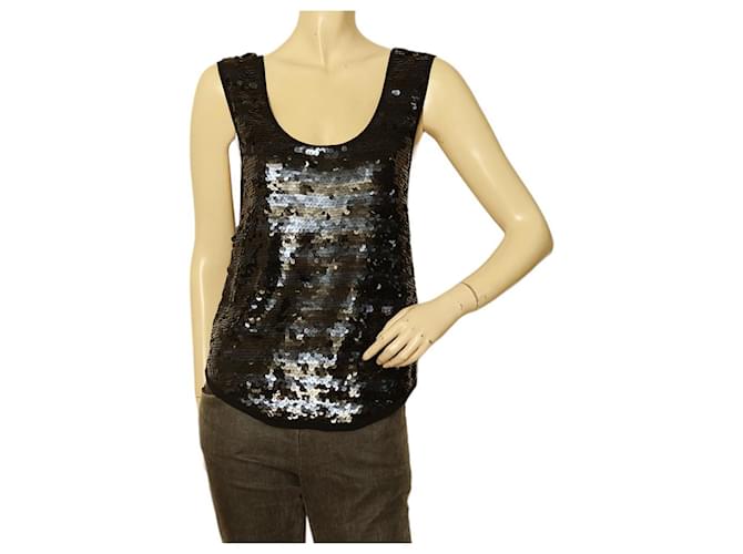 Sonia Rykiel fully sequined black & blue stripe sequin tank vest sleeveless top Polyester  ref.1070256
