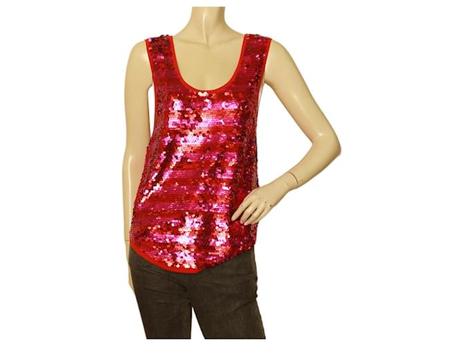 Sonia Rykiel, vollständig mit Pailletten besetztes, ärmelloses Tanktop mit roten und fuchsiafarbenen Streifen und Pailletten Baumwolle  ref.1070257
