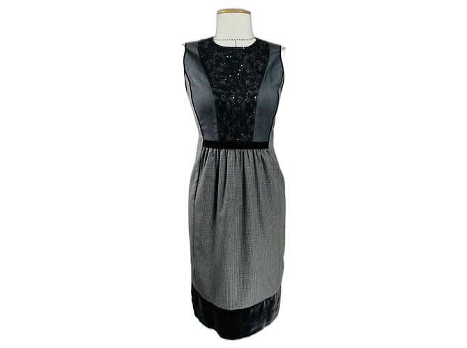 Etro Handbesticktes Kleid Grau Seide Kaschmir Wolle