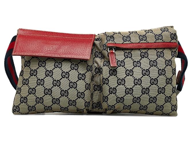 Gucci Brown GG Canvas Web Double Pocket Belt Bag Beige Leather Cloth Pony-style calfskin Cloth  ref.1070534