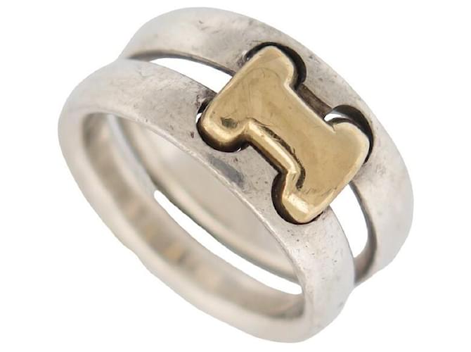 Hermès VINTAGE HERMES OLYMPUS lined RING 54 Solid silver 925 & yellow gold 18K RING Silvery Leather  ref.1070757