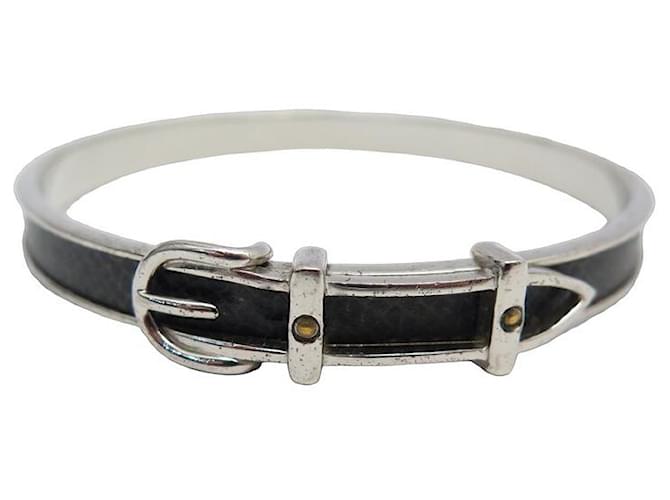 Hermès Hermes belt bracelet 21 SILVER METAL & BLACK LEATHER GOLDEN BELT STRAP BANGLE Silvery  ref.1070761