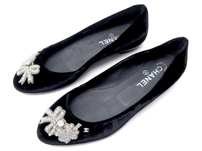 NEUF CHAUSSURES CHANEL BALLERINES STRASS G26088 38.5 EN VELOURS NOIR SHOES  ref.1070855