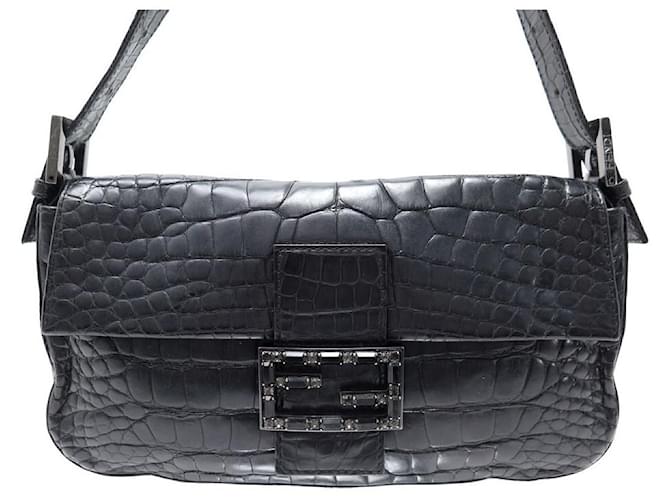 FENDI BAGUETTE CROCODILE HANDBAG WITH STRASS CLASP 8BR000 BLACK HAND BAG Exotic leather  ref.1070861