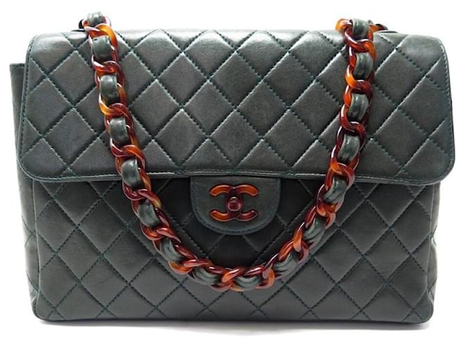 VINTAGE CHANEL TIMELESS CLASSIC JUMBO CHAIN ÂMBAR VERDE BOLSA BOLSA Couro  ref.1070895