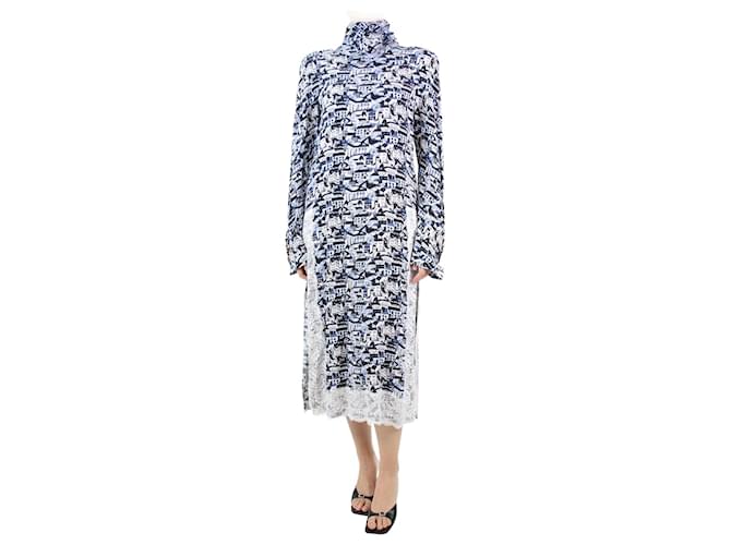Autre Marque Blue high-neck printed dress with lace trim - size FR 36 Viscose  ref.1070937