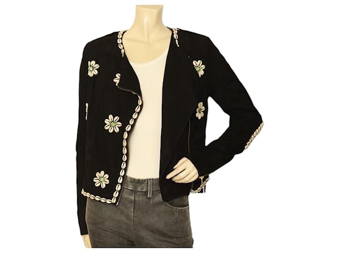 Manoush black suede off center zip jacket embroided with shells crystals size 36  ref.1071219