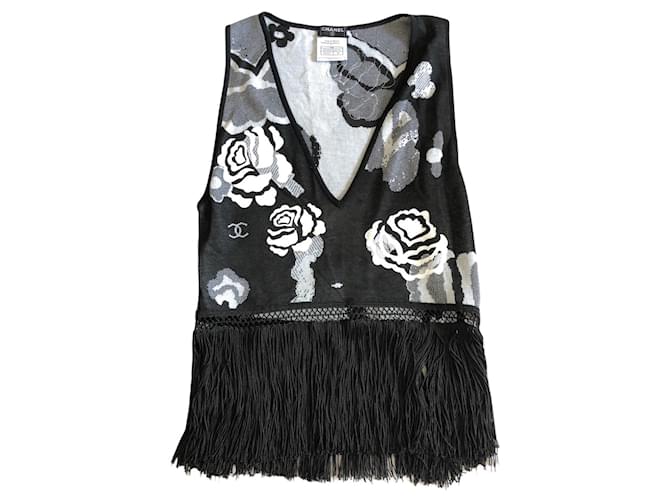 Débardeur Chanel noir à franges et motif floral Coton  ref.1072087