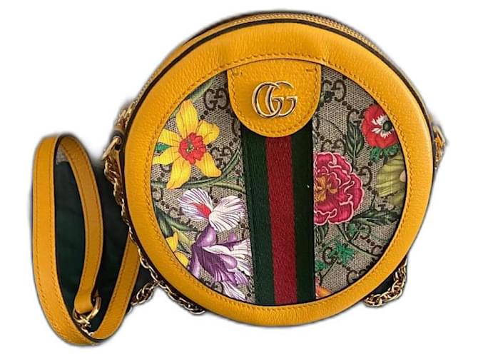 Gucci Brown GG Supreme Round Flora Ophidia Shoulder Bag Brown Beige Yellow Multiple colors Gold hardware Leather  ref.1072114