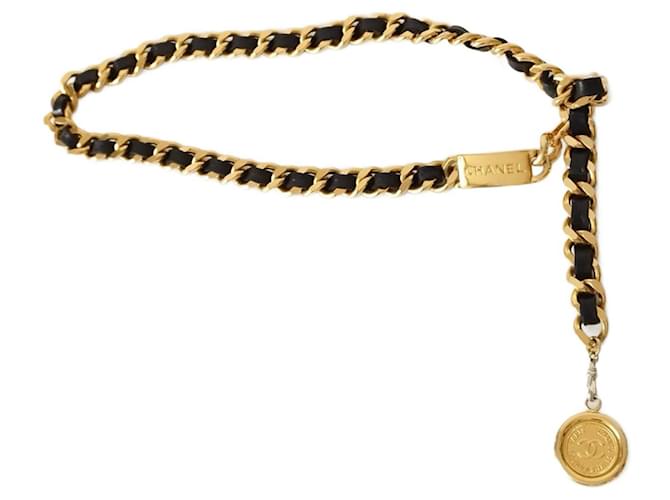 Cinto de couro preto Chanel e corrente de ouro  ref.1072127