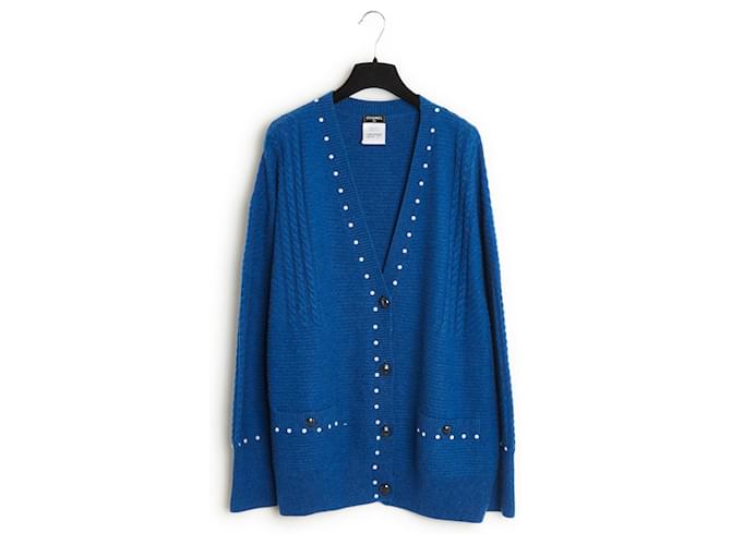 Chanel 2016 Cotton Cashmere Blue Pearls Cardigan FR44/48 Coton Cachemire Bleu  ref.1072514