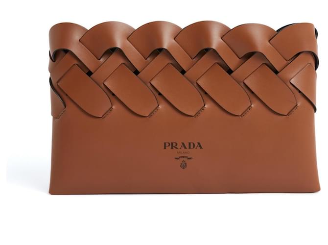 Prada Camel black lined clutch Leather  ref.1072539