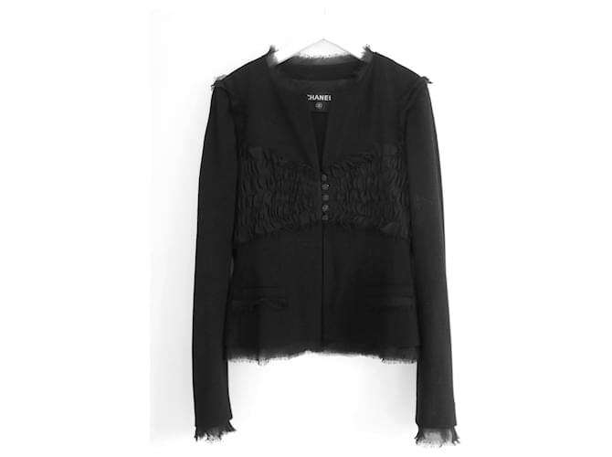 Chanel Spring 2004 Chiron Trim Black Crepe Jacket Silk Wool  ref.1072545