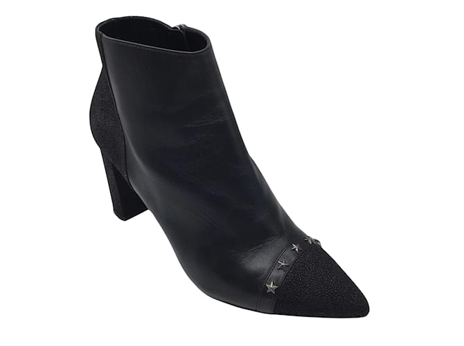 Longchamp Black Star Studded Pointed Toe Leather Ankle Boots  ref.1072593