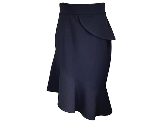 Oscar de la Renta Navy Blue Asymmetrical Ruffled Wool Midi Skirt  ref.1072609