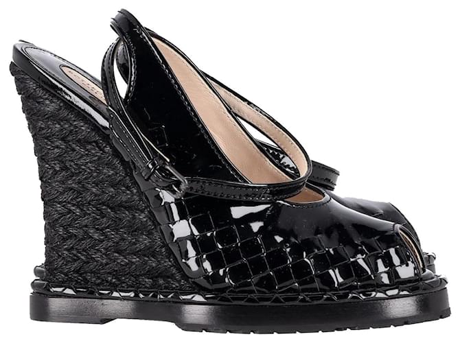 Bottega Veneta Intrecciato Peep-Toe Wedge Sandals in Black Patent Leather  ref.1072705