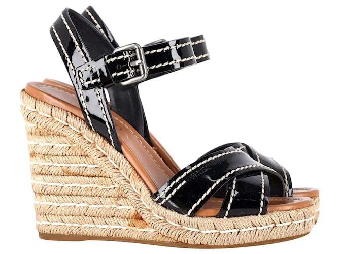 Prada Cross Strap Wedge Sandals in Black Patent Leather  ref.1072707