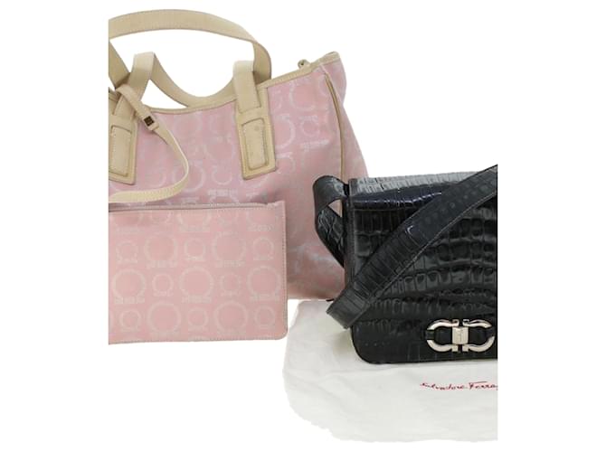 Salvatore Ferragamo Tote Shoulder Bag Leather Canvas 2Set Pink Black Auth bs6641  ref.1072960