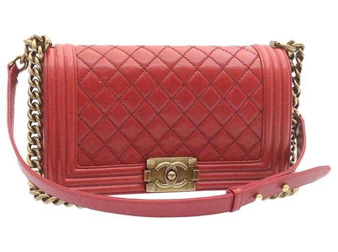 CHANEL Boy Chanel Matelasse Chain Flap Shoulder Bag Leather Red CC Auth knn010  ref.1074110