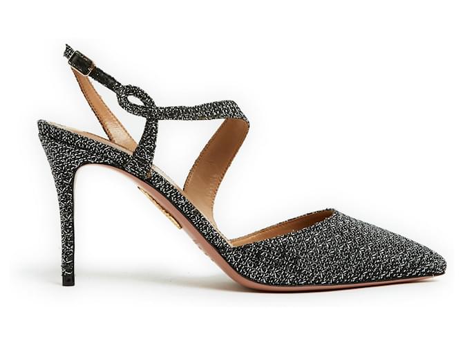 Aquazzura Black silver 85 slingback pumps EU38.5 New Silvery Cloth  ref.1074438