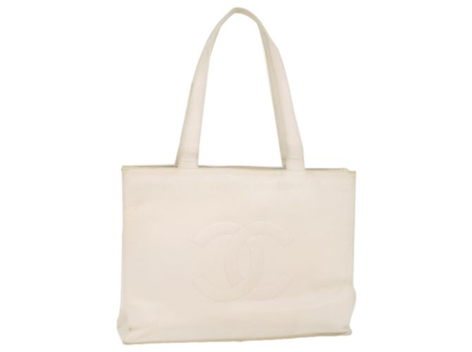CHANEL Einkaufstasche Caviar Skin White CC Auth bs8320 Weiß