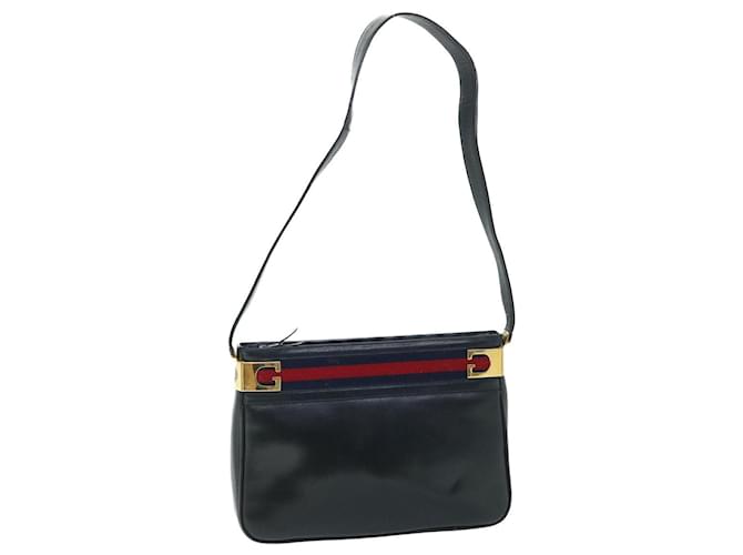 GUCCI Sherry Line Shoulder Bag Leather Black Red Navy Auth th4022 Navy blue  ref.1074678