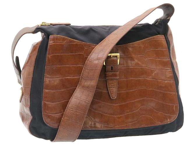 PRADA Shoulder Bag Nylon Leather Black Brown Auth fm1163  ref.1075059
