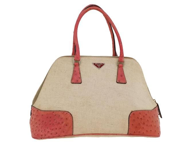 PRADA Hand Bag Canvas Leather Beige Pink Auth am4837 Brown Cloth  ref.1075130